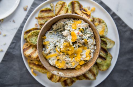 spinach artichoke dip, made from scratch by our chefs. just heat and eat