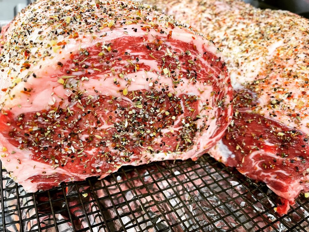 Our prime ribeye roast, seasoned with Borsari seasoning, ready to go in the oven for Hot & Ready Prime Rib Night