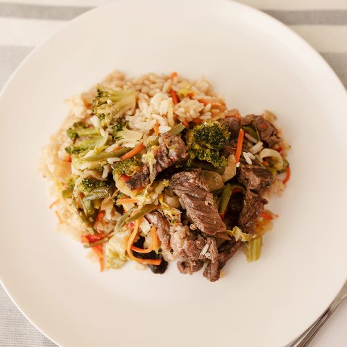 traditional beef stir fry made by APM professional chefs. Made with lots of vegetables and seared beef.